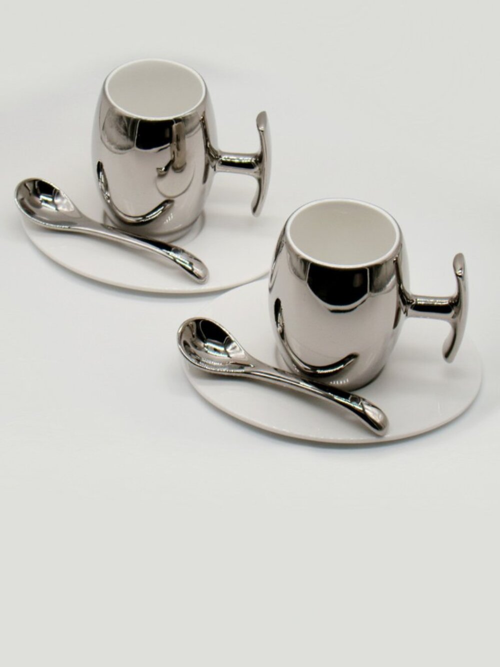 Set of 2 Silver Espresso Cups by Doulton, T Handle Contemporary